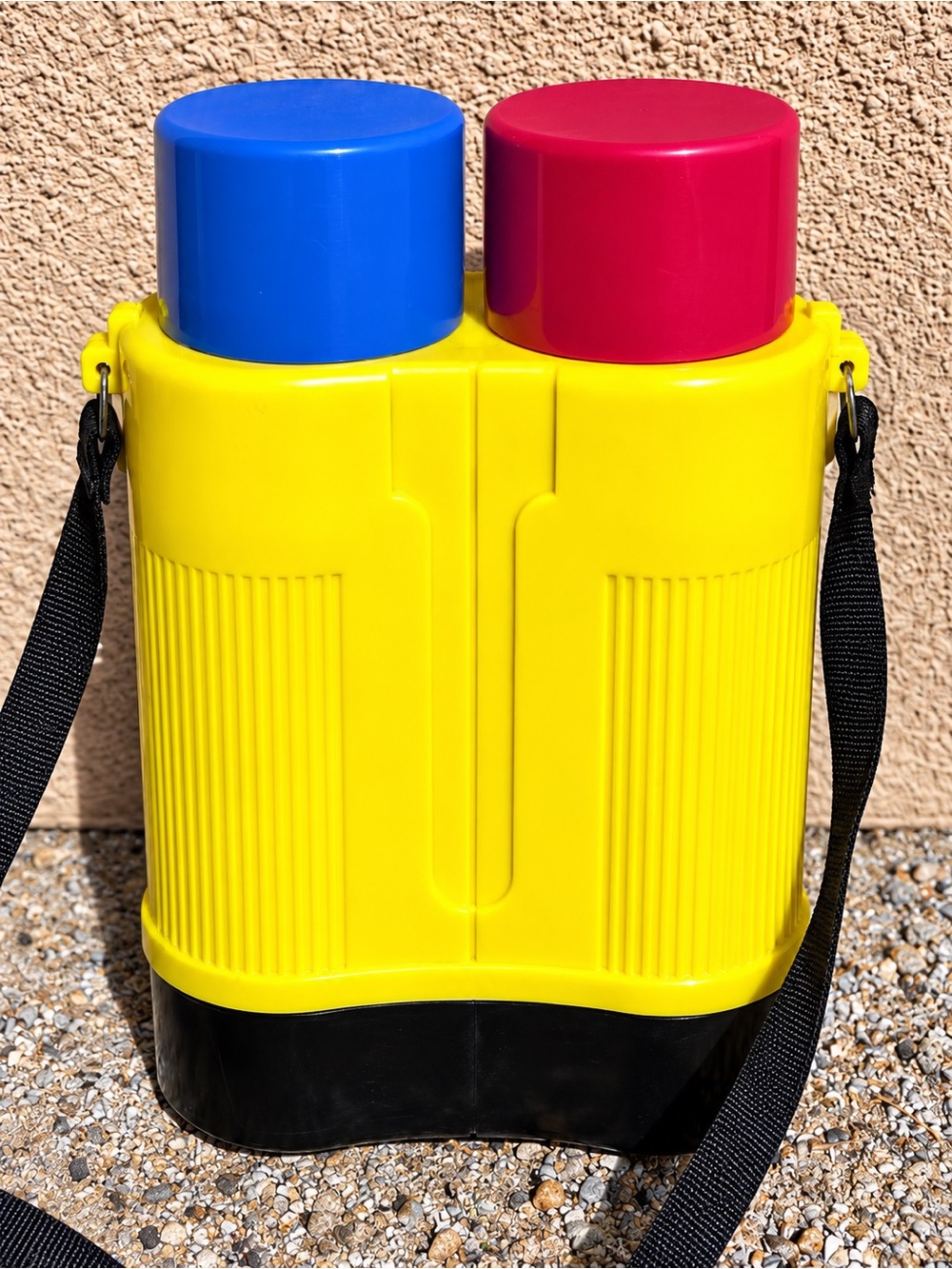 Vintage Yellow Double Canteen Thermos Set Blue Red Cups Black Shoulder Strap